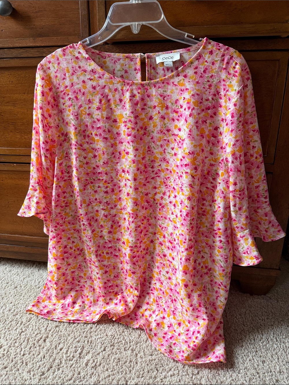 CeCe Pink Floral Bell Sleeve Blouse with Pink, Green and Yellow Accents